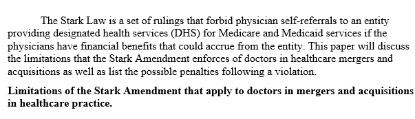Analyze the limits that the Stark Amendment applies to doctors in healthcare mergers