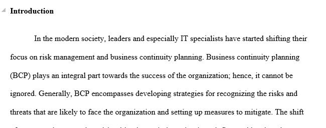 Evaluation of business continuity plans for the IT organization in the scenario