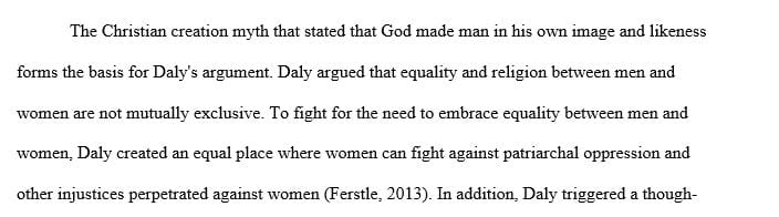 What does the Christian creation myth have to do with Daly’s argument about the need for a feminist movement