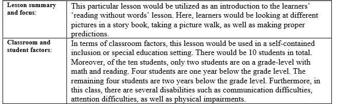Create a cross-curricular lesson plan that incorporates a picture walk and is specific to the needs of students