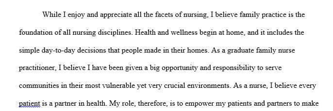 Personal philosophy statement for new graduate family nurse practitioner.