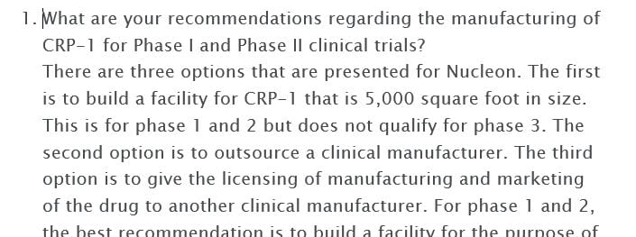 What are your recommendations regarding the manufacturing of CRP-1 for Phase I
