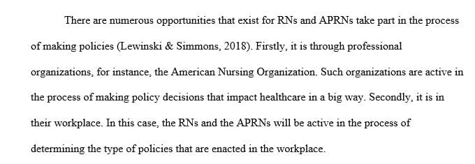 Consider the role of RNs and APRNs in policy-making.