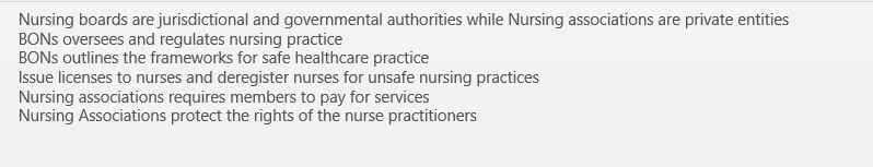 Describe the differences between a board of nursing and a professional nurse association.