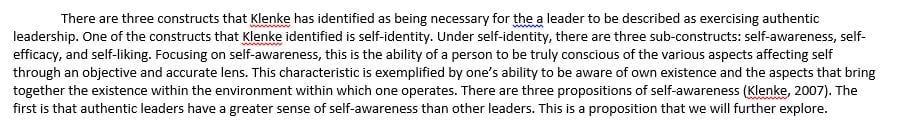Develop a synthesizing definition of Klenke’s authentic leadership model.