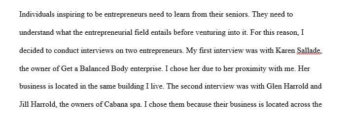 Do an interview with two entrepreneurs and write 3 pages about them