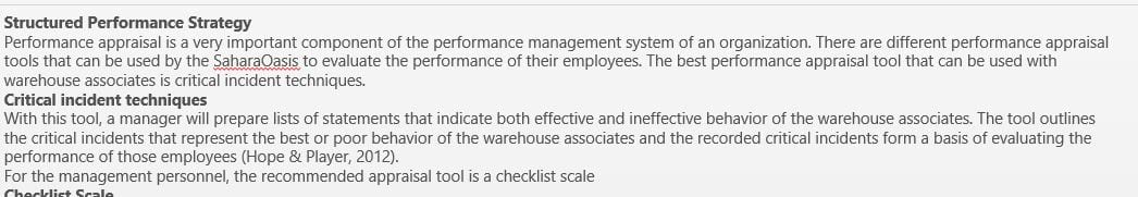 A structured performance management strategy is necessary at Sahara Oasis