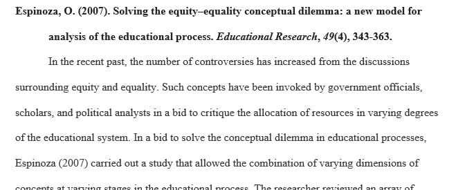 Choose an area from the topic provided (Equity and Equality) and locate 2 articles
