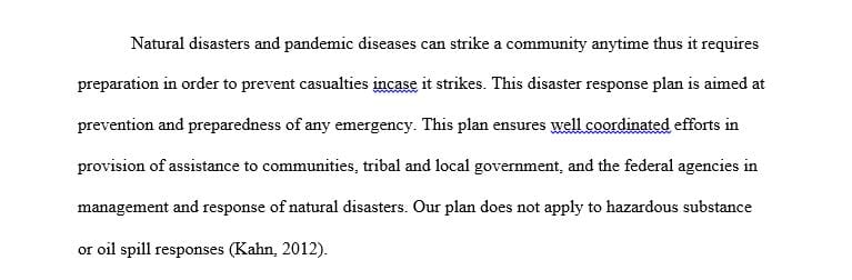 Developing an emergency preparedness plan for natural disasters and pandemic communicable disease prevention.