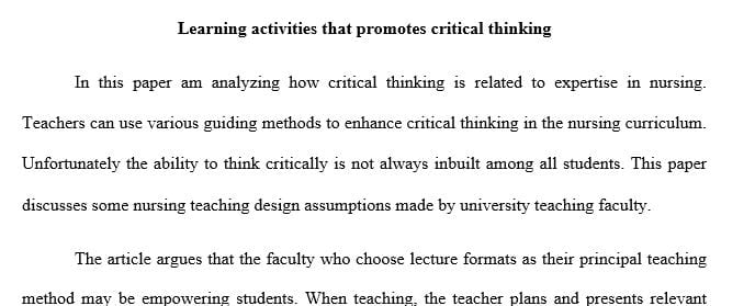 Find a research article on designing learning activities that promotes critical thinking