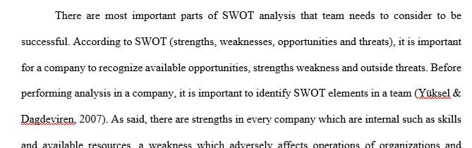 Identify the elements a team considers most important and that would be included in a SWOT conducted by the team
