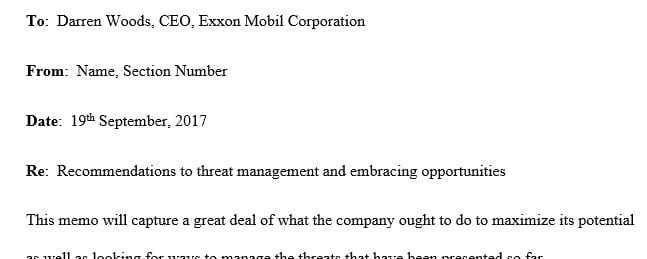 Research opportunities and threats facing a real company and create a two-page business memo 