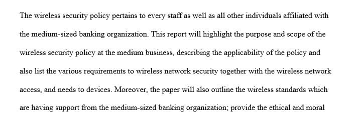 Write a four to six (4-6) page wireless security policy for a medium-sized banking organization