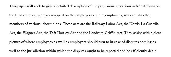 Write a paper of 4-5 pages describing the provisions of the following major labor laws