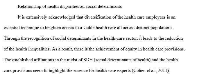 Write an essay that explains the relationship between health disparities and social determinants of health