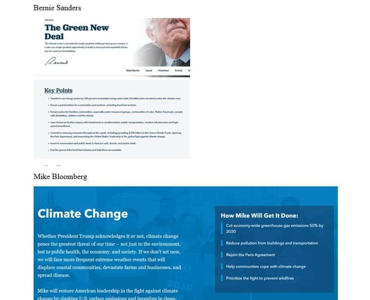 Compare the online presentation of climate change material for two political candidates. 