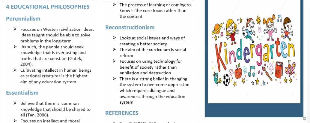 Create a brochure for future teachers explaining four major educational philosophies