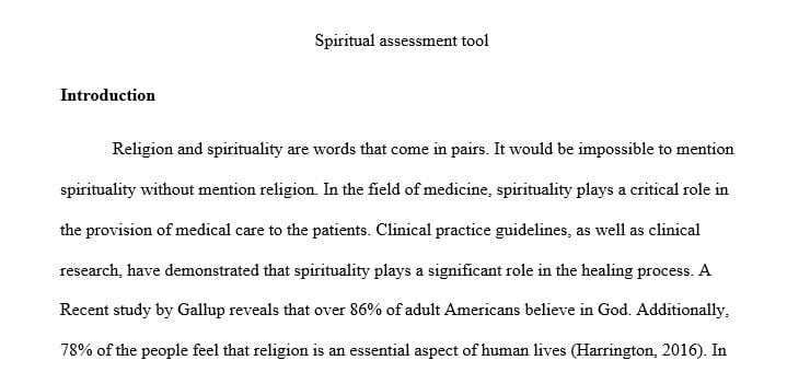 Explain how the spiritual assessment would be used in a health assessment.