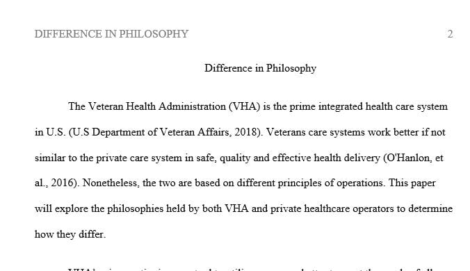 How does the Veterans Health Administration's philosophy of care differ from private health care