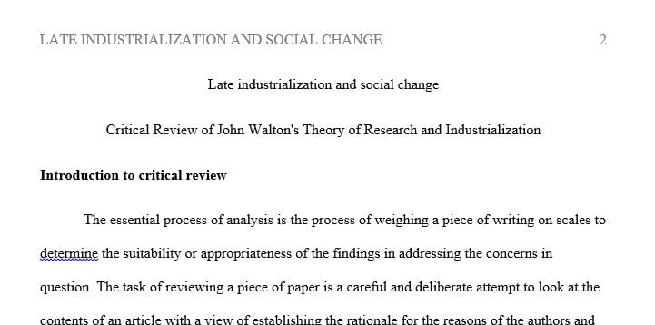 Late Industrialization and Social Change:Choose one of the readings and write a critical review