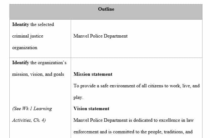 Select a criminal justice organization in your community in relation to outlining a strategic planning process