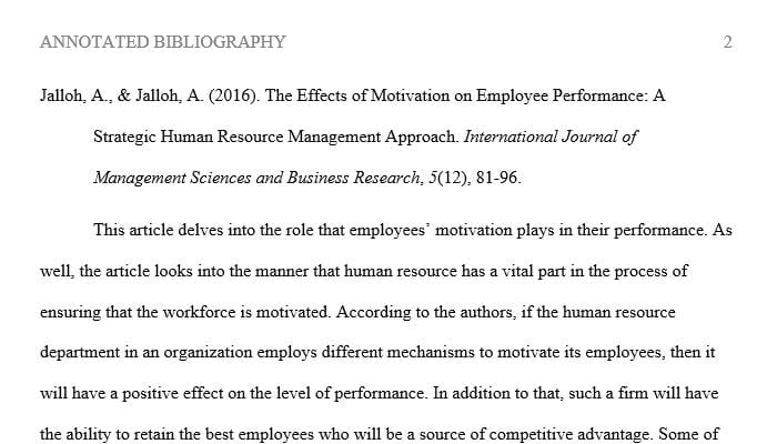 Read two articles which are from the field of Human Resources and complete a one page annotated bibliography