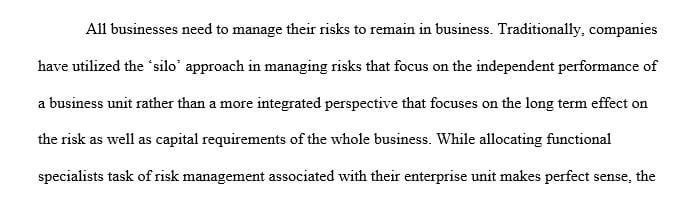 Enterprise Risk Management approach addresses the known 5 limitations of the traditional Silo Risk Management model.