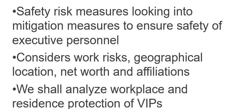 Create a presentation in which you discuss providing protection for the protectee in the workplace and residence environments.