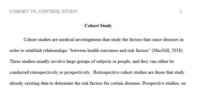 Provide an example of a cohort study and a case control study