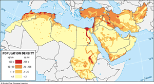 Using the following map explain why the population densities of this region are found where they are.