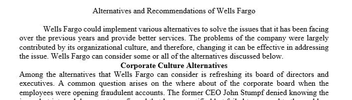 Analysis of the alternatives and recommendations of Wells Fargo