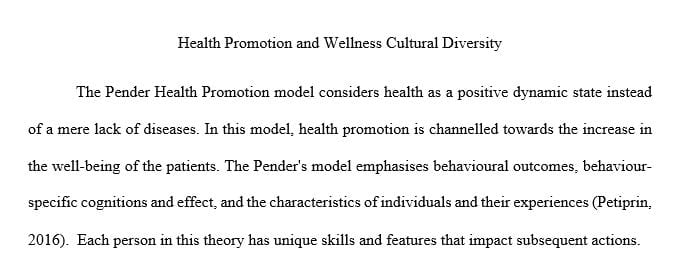 Discuss various theories of health promotion including Pender's Health Promotion Model