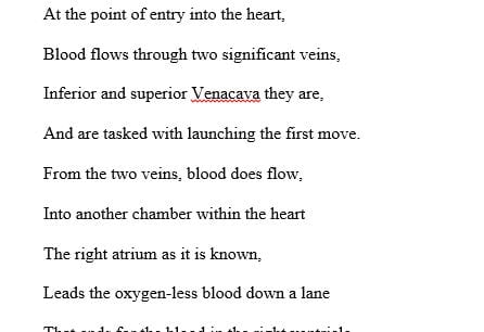 Create a poem using the blood flow through the heart starting with the superior vena cava, inferior vena cava