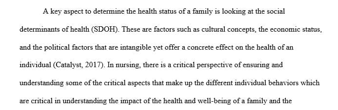 Describe the SDOH that affect the family health status. What is the impact of these SDOH on the family