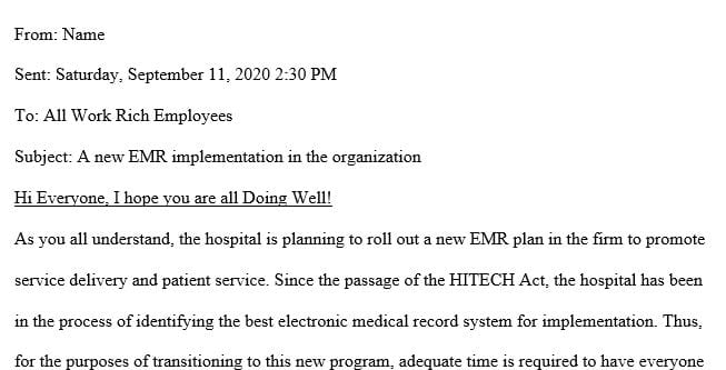 Draft a memo to the staff regarding the new EMR implementation plan.