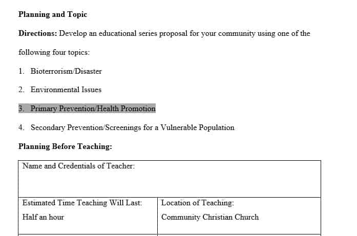 Review the teaching plan proposal with a community health and public health provider in your local community.