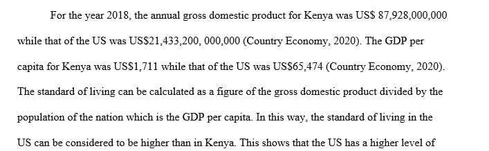 Compare Kenya to the United States on each of the economic variables listed below for the year 2019