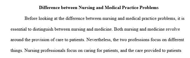 Describe the difference between a nursing practice problem and a medical practice problem.