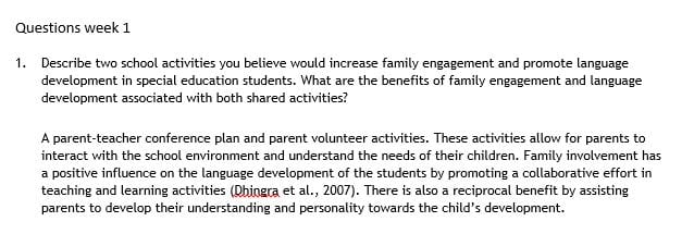Describe two school activities you believe would increase family engagement and promote language development in special education students