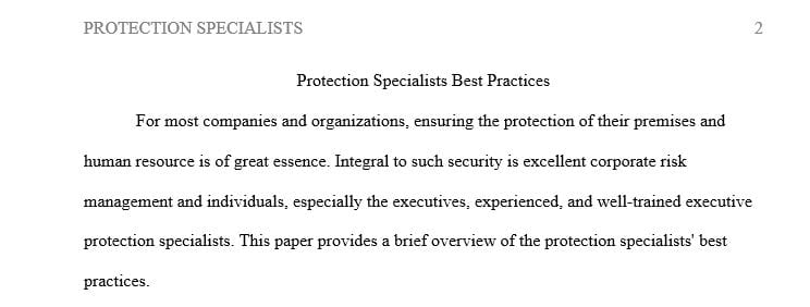 Write a 2- to 3-page job description based on best practices related to the Protection Specialist profession