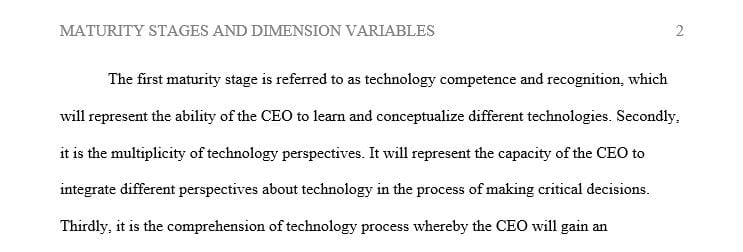 The definitions of maturity stages and dimension variables in the CEO Technology Best Practices Arc