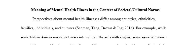 Discuss the meaning of mental health illness in the context of societal and cultural norms about behaviors.