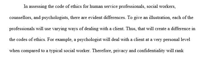 Review the code of ethics for counselors, psychologists, social workers and human services professionals.