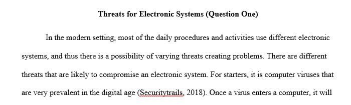 Threat assessments are applied to physical and electronic systems. What threats exist for electronic systems
