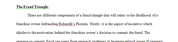 Describe three components of the fraud triangle and how each would relate to a franchise owner's likelihood to defraud Robatelli's Pizzeria.