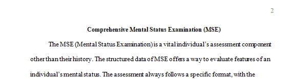 List the parts of a comprehensive mental status examination (MSE) for mental health patients.