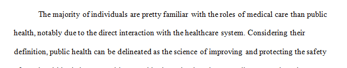 Public health is charged primarily with healthcare prevention and promotion for the community as a whole. 