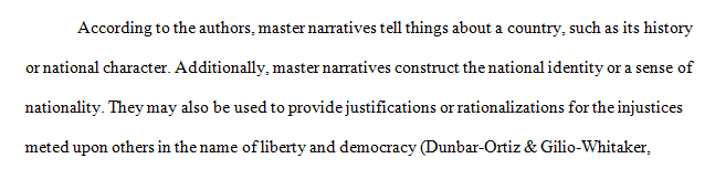 What does Roxanne Dunbar-Ortiz say about master narratives, their purpose and function, and how they gain hold in society