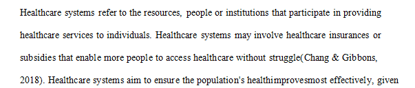 A description of your chosen country’s health care system using the specific parameter that you used to describe the U.S. health care system.