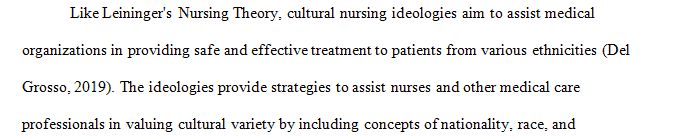 Think about the Leininger's Culture Care and Universality Theory and Model